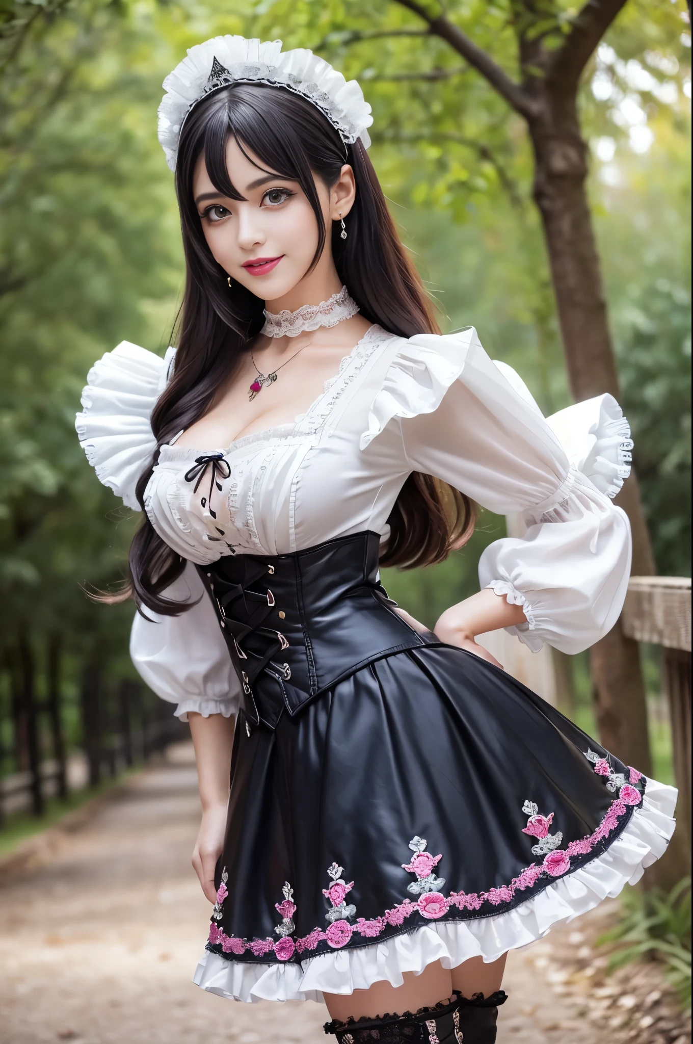 sexy stylish Spanish model, only 1 female, ((doll-like appearance)), ((ultra detailed Victorian-Style boots)), (big smile), ultra detailed eyes, vivid eye makeup, lipgloss, long lashes, defined eyebrows, ((sexy Paradise Kiss cosplay)), bell-shaped skirt, petticoats, high neckline, puffed sleeves, (( ultra detailed lace)), ((ultra detailed embroidery)), intricate details, Paradise Kiss accessoires and matching headpiece, choker, ((large sparkling Paradise Kiss jewelry)), cinematic light, detailed large park background with trees