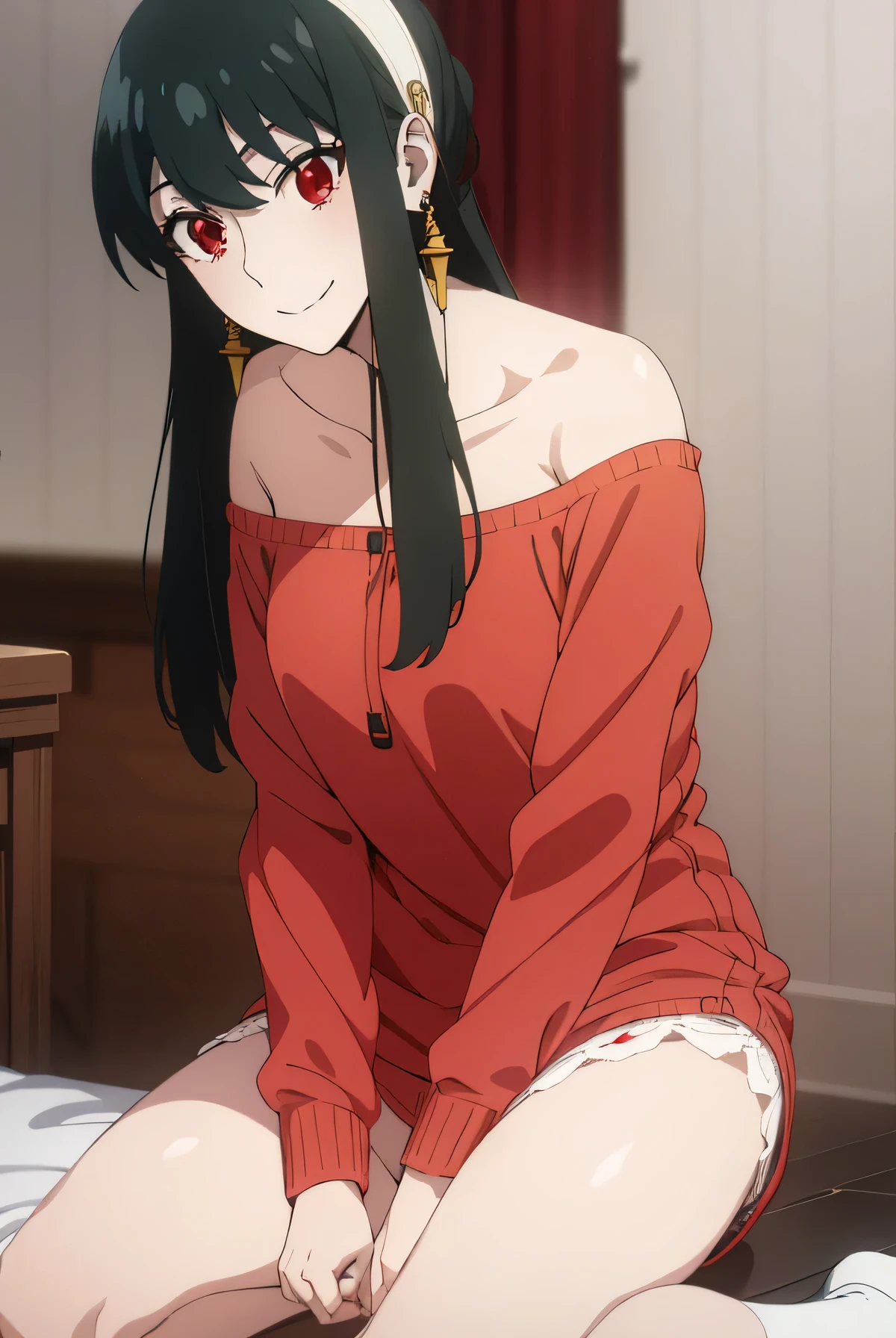 Yor briar, Your forger, Black Hair, (Red eyes:1.5), Earrings, gold hair band, hair band, Long Hair, Side Lock, (Medium chest:1.2), smile,
break bare shoulders, clavicle, dress, Long sleeve, Off the shoulder, off-shoulder dress, off-shoulder sweater, red sweater, sweater, sweater dress, Thighs,white lace panties,kneeling,
break indoors,
break looking at viewer,
, break masterpiece ,8k unity wallpaper,anime key visual,highest quality, High resolution, unity 8k wallpaper, (shape:0.8),anime coloring,highly detailed face, detailed eyes,growing eyes,shiny skin,fine skin,white skin,dense skin,detailed hair,highly detailed legs,perfect lighting, Detailed CG, (perfect hands, perfect anatomy),High resolution,(Detailed wear ),slender limbs, delicate curves, dainty hands,figure:0.8,