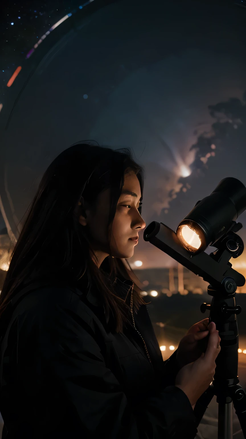 Image of a person looking through a telescope, observing a distant galaxy in deep space.