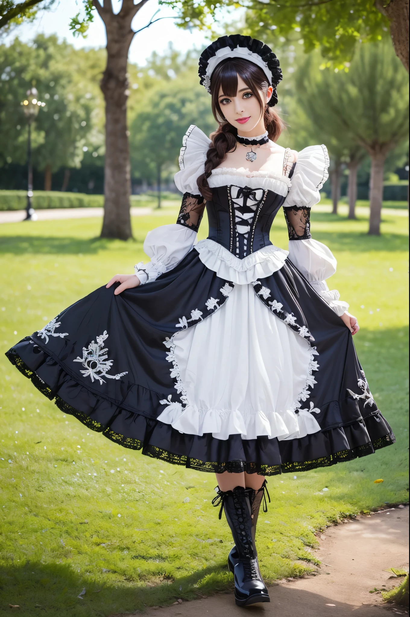 sexy stylish Spanish model, only 1 female, ((doll-like appearance)), ((ultra detailed Victorian-Style boots)), (big smile), ultra detailed eyes, vivid eye makeup, lipgloss, long lashes, defined eyebrows, ((sexy Paradise Kiss cosplay)), bell-shaped skirt, petticoats, high neckline, puffed sleeves, (( ultra detailed lace)), ((ultra detailed embroidery)), intricate details, Paradise Kiss accessoires and matching headpiece, choker, ((large sparkling Paradise Kiss jewelry)), cinematic light, detailed large park background with trees 