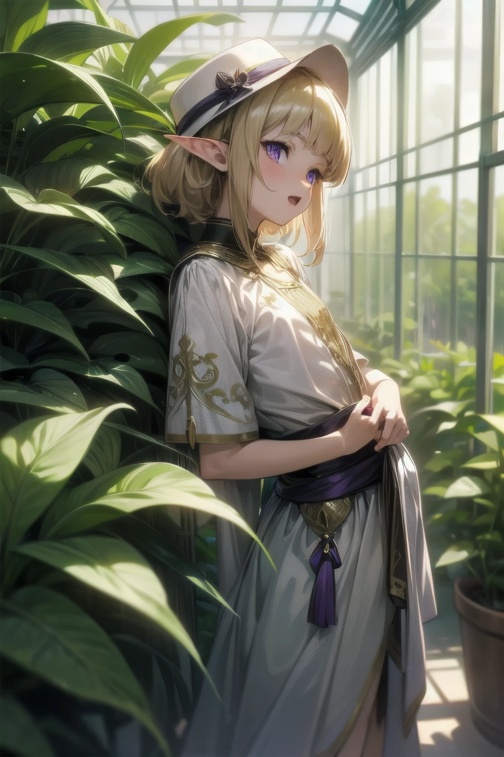 ((Masterpiece)), (Anime:1.3), ((best quality)), (super detail:1.2), (High Definition:1.3), (Professional Photography:1.2), (12 years old), (1girl), cute young girl, from side, (Smug), open mouth, (Beautiful purple eyes:1.3), (Glossy skin), ((elf girl)), (Gold embroidery Noble Shirt), (small chest), slim body, (loose blunt bangs), unruly hair, (medium hair), ((beautiful blond hair)), (put on fedora), BREAK, ((best quality)), (model pose), (on the tropical giant greenhouse), (sharp focus), (perfect light),