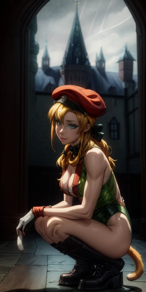 "(exquisitely detailed CG unity 8k wallpaper, masterpiece best quality with stunning realism, high res) (best illumination, best shadow) (elegant and demonic style:1.2) Arti modern anime, angled view, heroic pose, closeup full body portrait of stunningly beautiful mature cammy from street fighter, Cammy white, 2twins braids, long hair, blonde hair, antenna hair, beret, (red headwear:1.3), blue eyes, scar on cheek, green tight leotard, large breasts, sleeveless, red gloves, fingerless gloves, camouflage, hard, large ass, abs, a little muscular, revealing, depth of field blur effect, night, full zoom, action portrait, photorealistic. cinematic lighting, highly detailed. best quality, 4k, Better hand, perfect anatomy, leaning forward, foreshortening effects, coy flirty sexy expression, foreshortening effect (piercing eyes:0.8) surrounded by an ominous and dark atmosphere, accentuated by dramatic and striking lighting, imbued with a sense of surreal fantasy" (patting a small cat:1.5) wearing laced military boots:1.5) (inside an extravagant British castle at night:1.5) (happy and smiling:1) (crouching down:1)