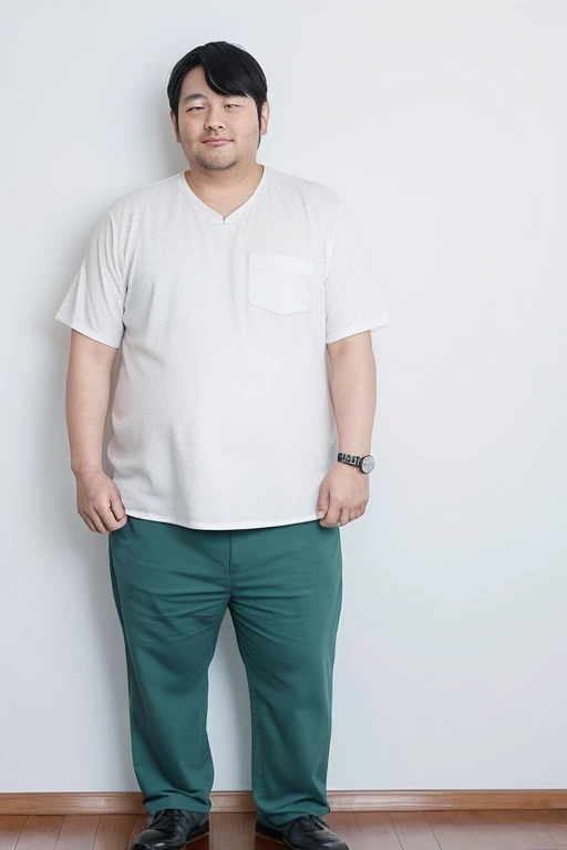Japanese man, 158cm tall, age 39, middle-aged obese, white background