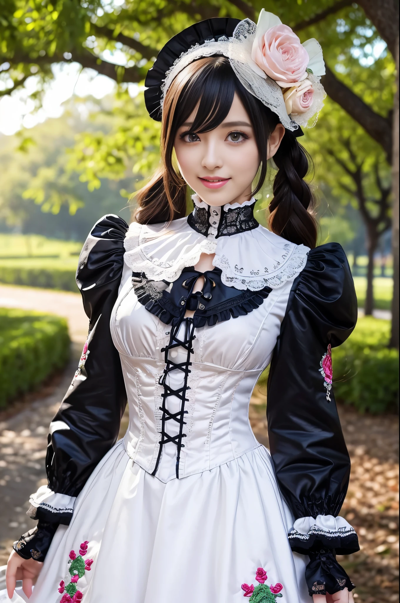 sexy stylish Swedish model, only 1 female, ((doll-like appearance)), ((ultra detailed Victorian-Style boots)), (big smile), ultra detailed eyes, vivid eye makeup, lipgloss, long lashes, defined eyebrows, ((sexy Paradise Kiss cosplay)), bell-shaped skirt, petticoats, high neckline, puffed sleeves, (( ultra detailed lace)), ((ultra detailed embroidery)), intricate details, Paradise Kiss accessoires and matching headpiece, choker, ((large sparkling Paradise Kiss jewelry)), cinematic light, detailed large park background with trees