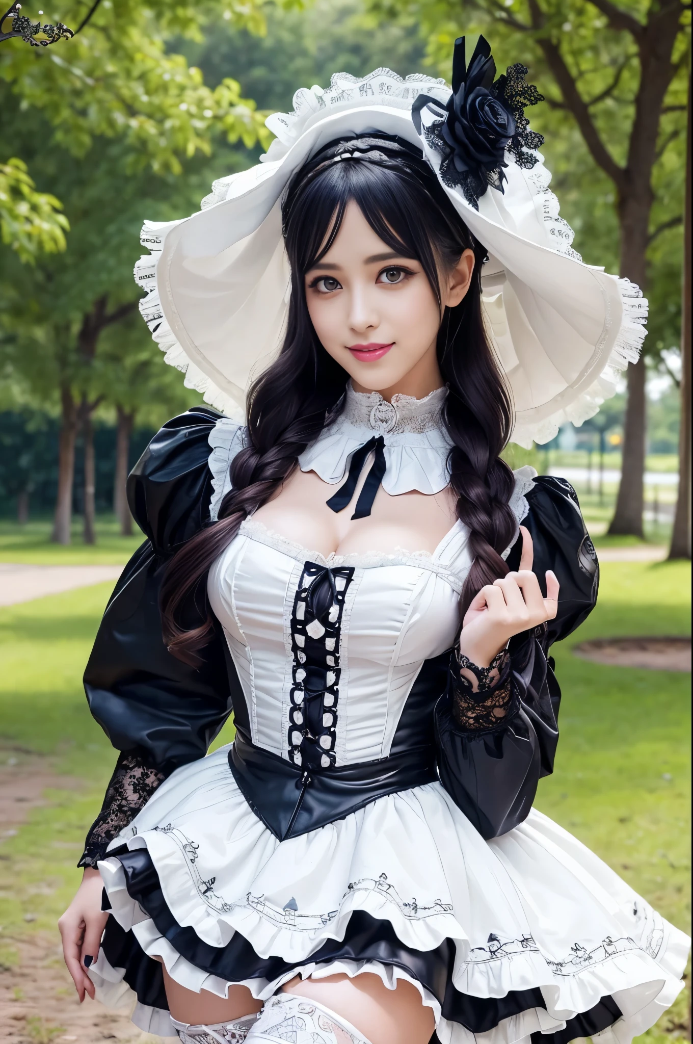 sexy stylish Swedish model, only 1 female, ((doll-like appearance)), ((ultra detailed Victorian-Style boots)), (big smile), ultra detailed eyes, vivid eye makeup, lipgloss, long lashes, defined eyebrows, ((sexy Paradise Kiss cosplay)), bell-shaped skirt, petticoats, high neckline, puffed sleeves, (( ultra detailed lace)), ((ultra detailed embroidery)), intricate details, Paradise Kiss accessoires and matching headpiece, choker, ((large sparkling Paradise Kiss jewelry)), cinematic light, detailed large park background with trees 