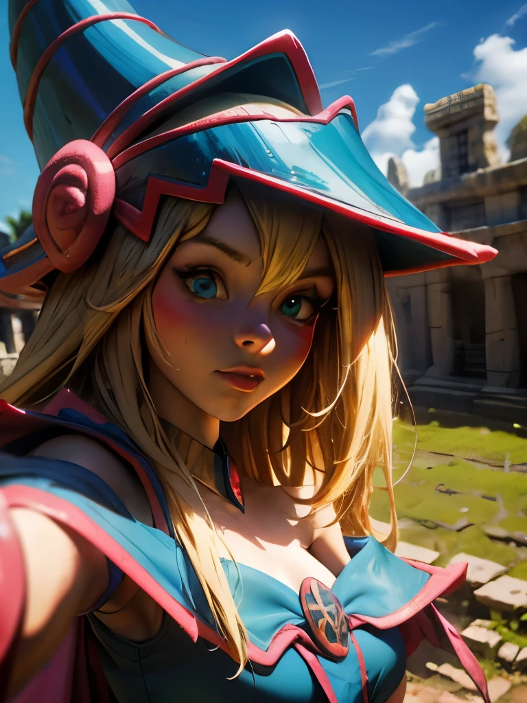 Dark magician taking a selfie in some Mayan ruins. Ella tiene cabello rubio. ojos azules. Labios rojos. Se toma una selfies en  unas ruinas mayas. Selva y jaguares a si alrededor 