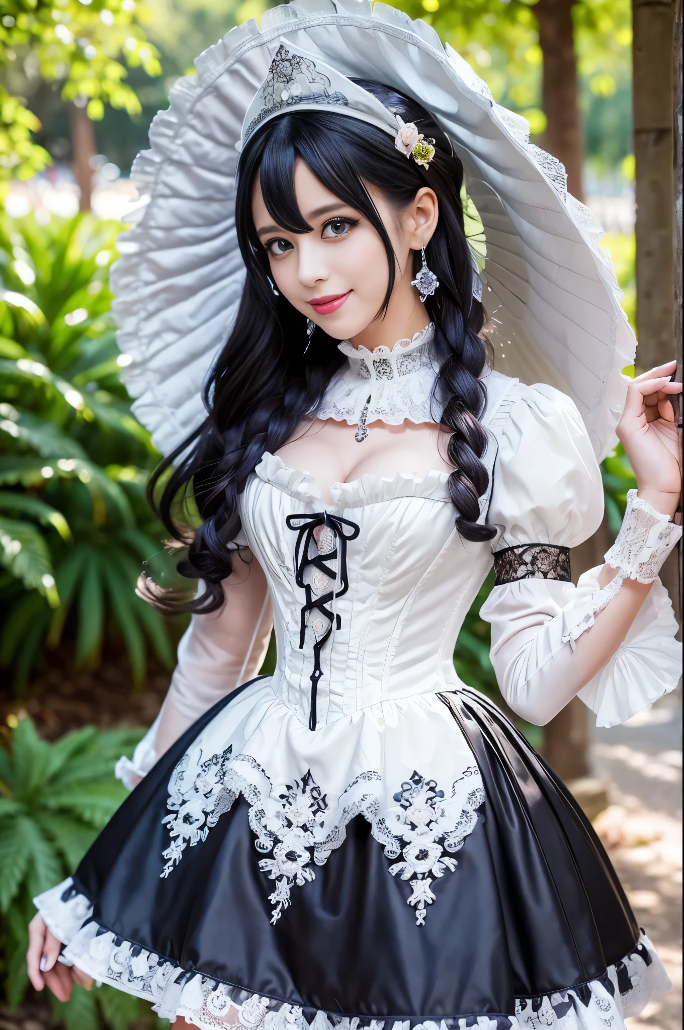 sexy stylish Swedish model, only 1 female, ((doll-like appearance)), ((ultra detailed Victorian-Style boots)), (big smile), ultra detailed eyes, vivid eye makeup, lipgloss, long lashes, defined eyebrows, ((sexy Paradise Kiss cosplay)), bell-shaped skirt, petticoats, high neckline, puffed sleeves, (( ultra detailed lace)), ((ultra detailed embroidery)), intricate details, Paradise Kiss accessoires and matching headpiece, choker, ((large sparkling Paradise Kiss jewelry)), cinematic light, detailed large park background with trees
