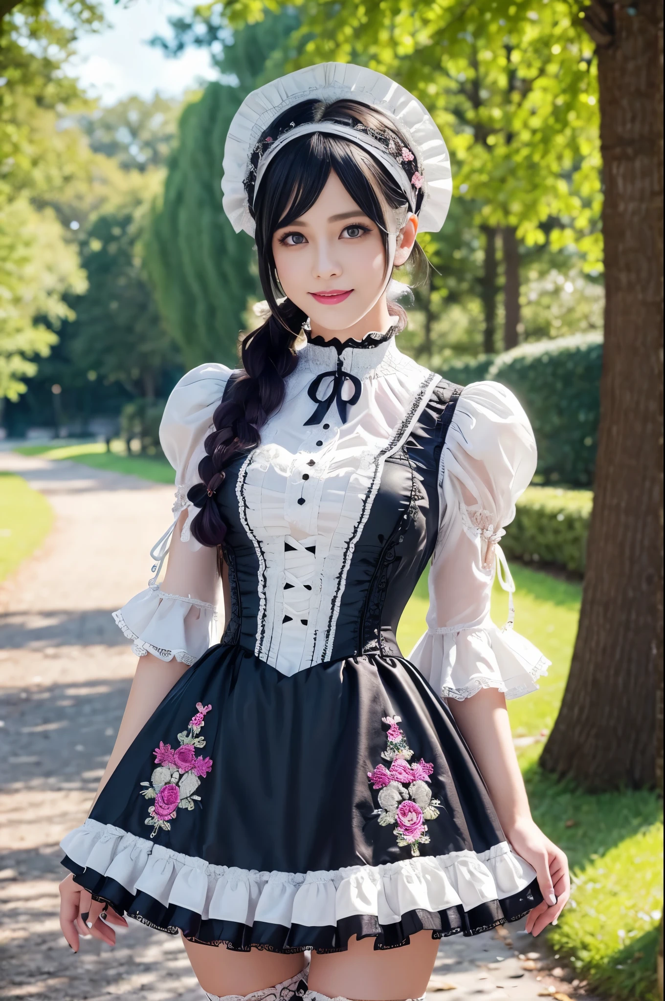 sexy stylish Swedish model, only 1 female, ((doll-like appearance)), ((ultra detailed Victorian-Style boots)), (big smile), ultra detailed eyes, vivid eye makeup, lipgloss, long lashes, defined eyebrows, ((sexy Paradise Kiss cosplay)), bell-shaped skirt, petticoats, high neckline, puffed sleeves, (( ultra detailed lace)), ((ultra detailed embroidery)), intricate details, Paradise Kiss accessoires and matching headpiece, choker, ((large sparkling Paradise Kiss jewelry)), cinematic light, detailed large park background with trees 
