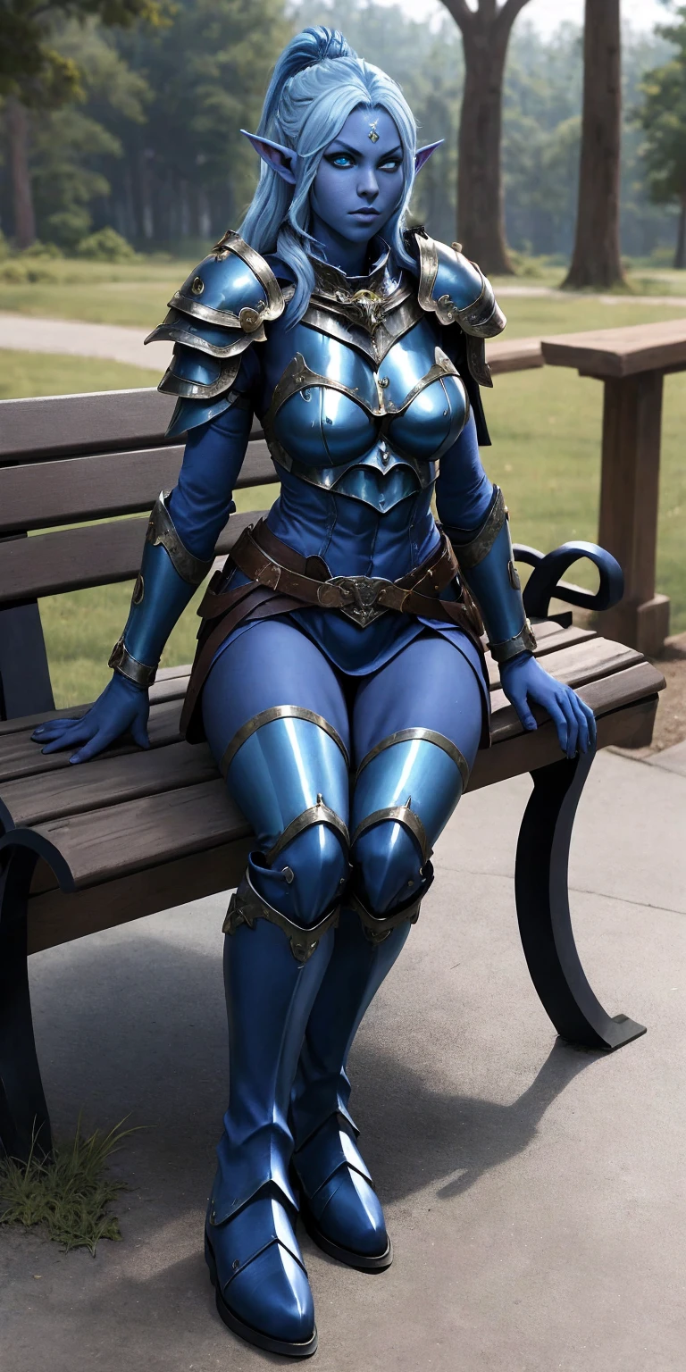 1girlsolo full body female Drow Elf sitting on a bench showing buttocks to me, looking at viewer, shiny armor, military boots, blue breastplate (blue oni skin:1.2)