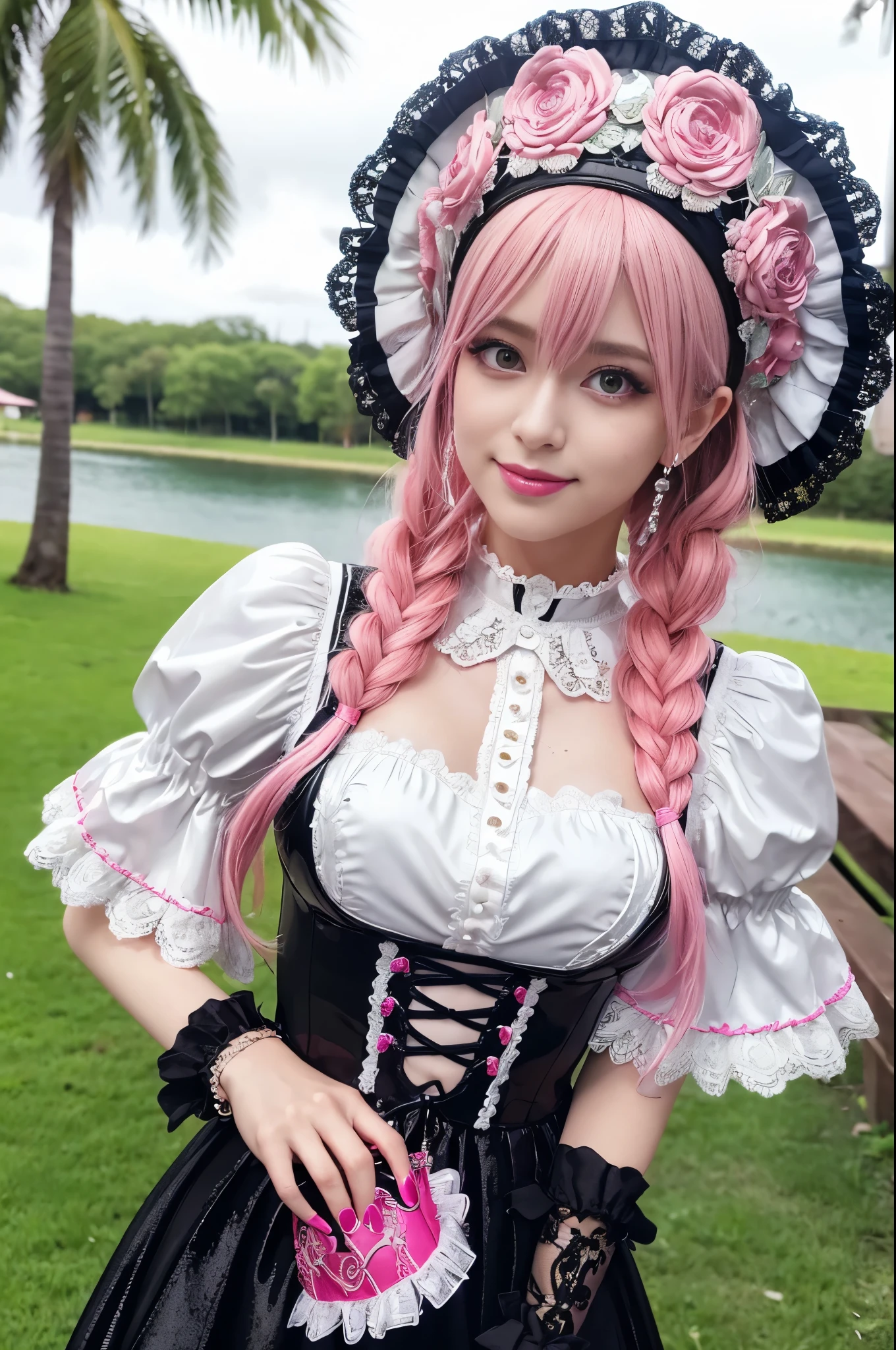 sexy stylish Swedish model, only 1 female, ((doll-like appearance)), long neon pink stylish hair, ((ultra detailed shiny Victorian-Style boots)), (open smile), ultra detailed eyes, vivid eye makeup, lipgloss, long lashes, defined eyebrows, ((sexy Paradise Kiss cosplay)), bell-shaped skirt, petticoats, high neckline, puffed sleeves, (( ultra detailed lace)), ((ultra detailed embroidery)), intricate details, Paradise Kiss accessoires and matching headpiece, choker, ((large sparkling Paradise Kiss jewelry)), cinematic light, detailed large park background with trees