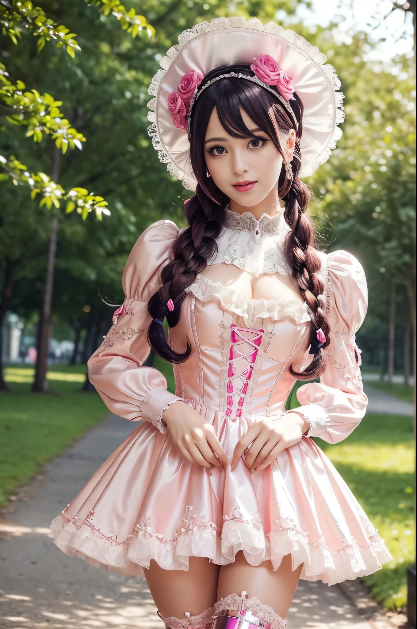 sexy stylish Swedish model, only 1 female, ((doll-like appearance)), long neon pink stylish hair, ((ultra detailed shiny Victorian-Style boots)), (open smile), ultra detailed eyes, vivid eye makeup, lipgloss, long lashes, defined eyebrows, ((sexy Paradise Kiss cosplay)), bell-shaped skirt, petticoats, high neckline, puffed sleeves, (( ultra detailed lace)), ((ultra detailed embroidery)), intricate details, Paradise Kiss accessoires and matching headpiece, choker, ((large sparkling Paradise Kiss jewelry)), cinematic light, detailed large park background with trees