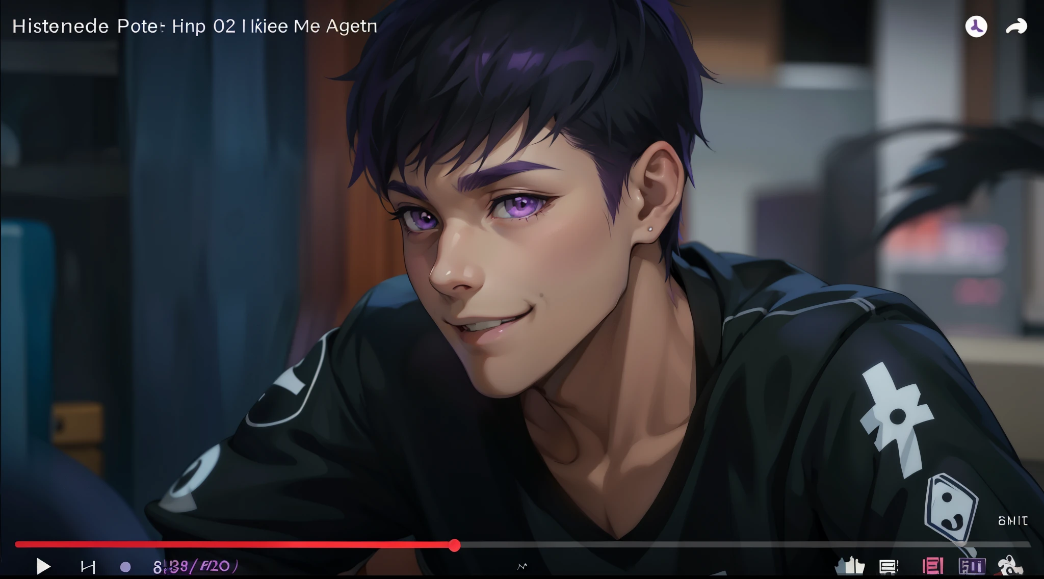 (estilo anime 2d plano)cute 16 year old boy smile mischievous ironic bad hateful purple eyes purple hair