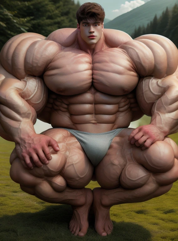 1 asian daddy, handsome, giant, buzz haircut, model shoot style, looking at camera, crawling down, barefoot, cool ambiance, outdoor, large dry meadows, strong body, bulk, naked, wear grey triangular underwear, bulge, big, brutalmass, giant, muscular body, bulk, massive body, large meaty body size, brown skin, huge arms, ballooning meaty chests. Realistic, intricate detail