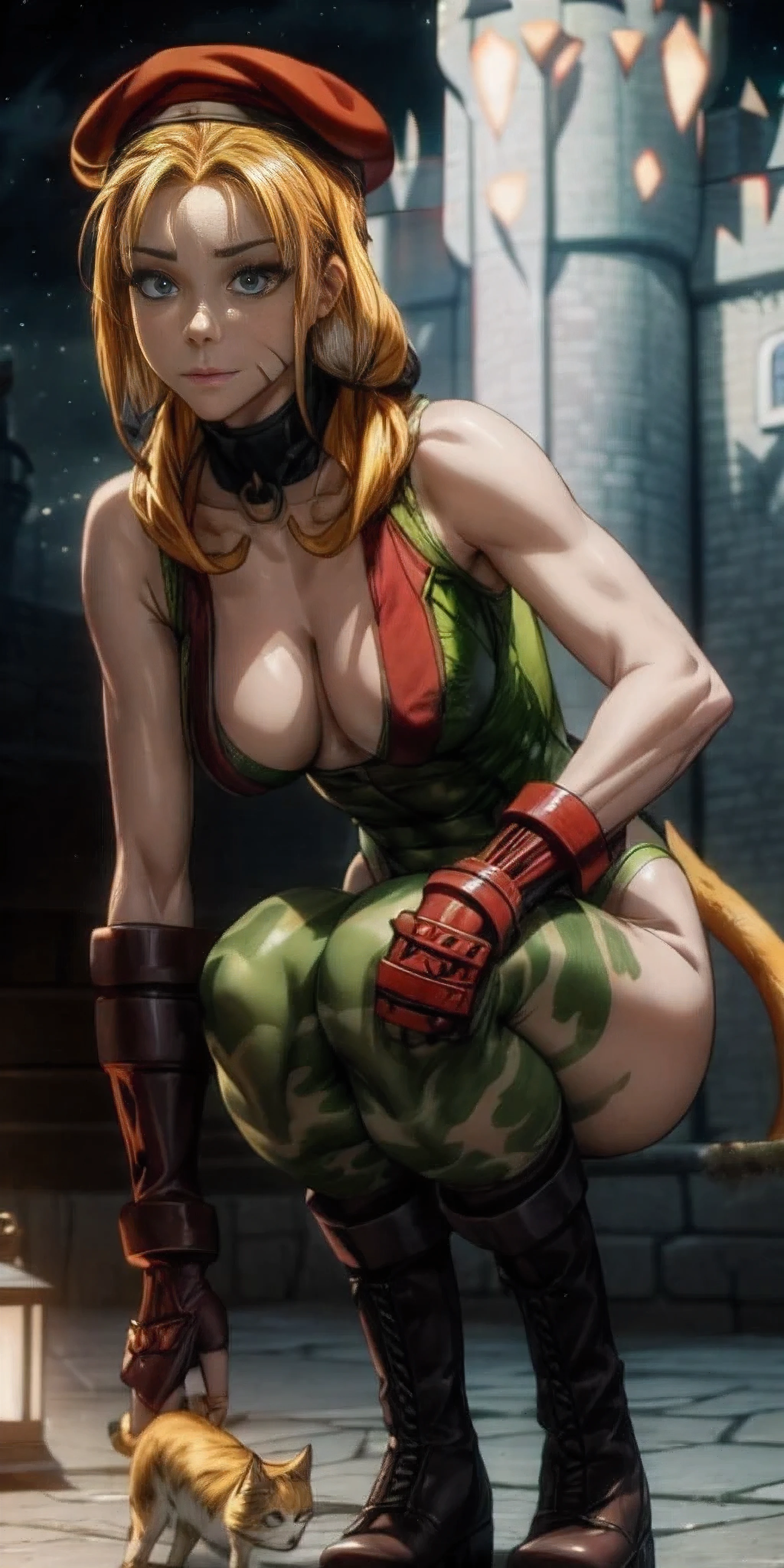 "(exquisitely detailed CG unity 8k wallpaper, masterpiece best quality with stunning realism, high res) (best illumination, best shadow) (elegant and demonic style:1.2) Arti modern anime, angled view, heroic pose, closeup full body portrait of stunningly beautiful mature cammy from street fighter, Cammy white, 2twins braids, long hair, blonde hair, antenna hair, beret, (red headwear:1.3), blue eyes, scar on cheek, green tight leotard, large breasts, sleeveless, red gloves, fingerless gloves, camouflage, hard, large ass, abs, a little muscular, revealing, depth of field blur effect, night, full zoom, action portrait, photorealistic. cinematic lighting, highly detailed. best quality, 4k, Better hand, perfect anatomy, leaning forward, foreshortening effects, coy flirty sexy expression, foreshortening effect (piercing eyes:0.8) surrounded by an ominous and dark atmosphere, accentuated by dramatic and striking lighting, imbued with a sense of surreal fantasy" (patting a small cat:1.5) wearing laced military boots:1.5) (inside an extravagant British castle at night:1.5) (happy and smiling:1) (crouching down:1)