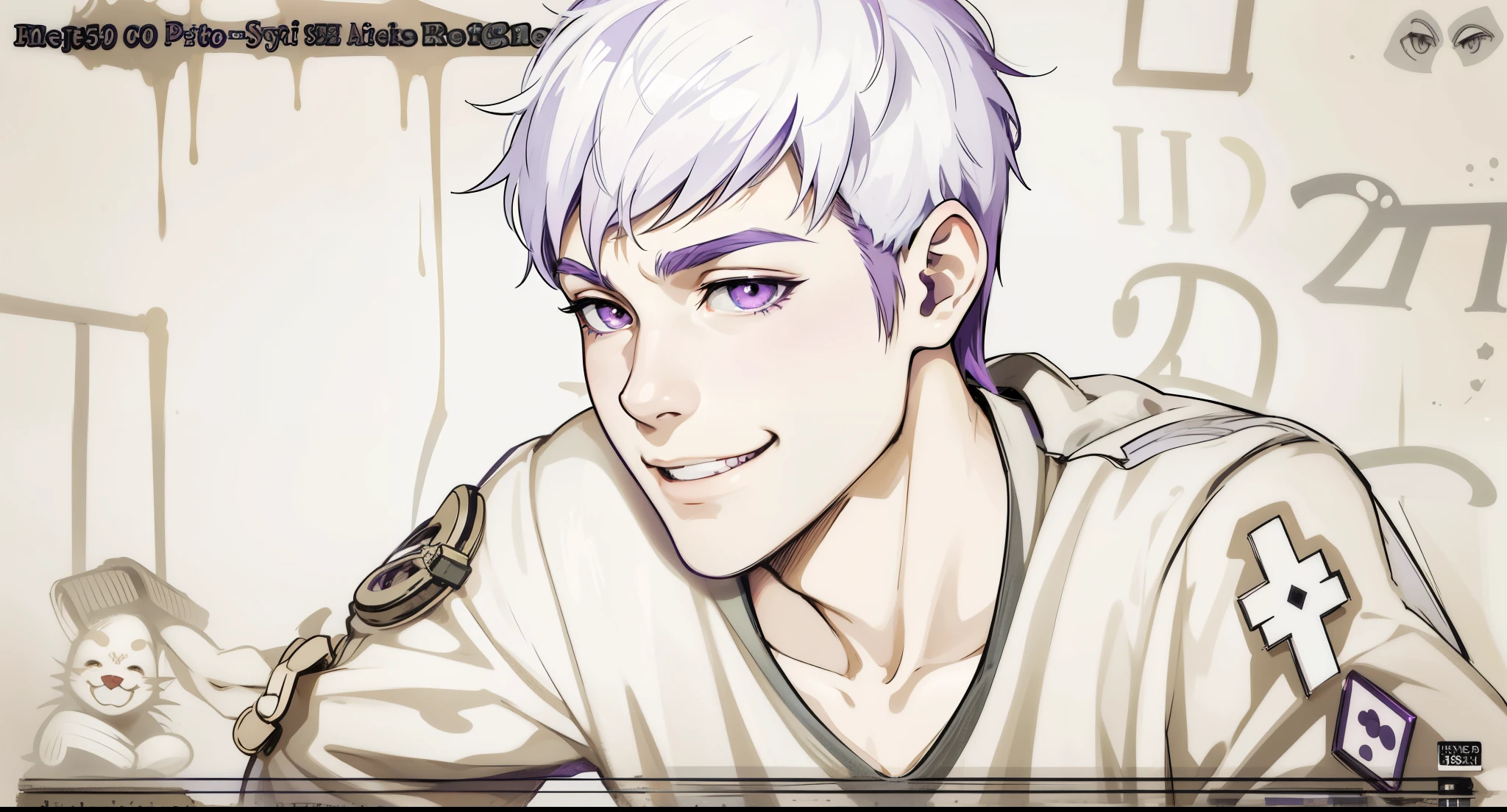 (estilo anime 2d plano)cute 16 year old boy smile mischievous ironic bad hateful purple eyes purple hair