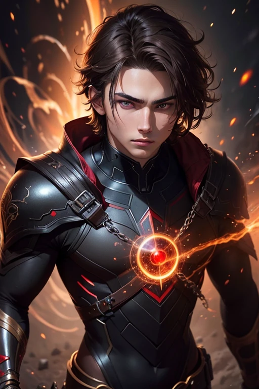 A brown-haired, red-eyed 15-year-old male assassin, intricate detailed face and eyes, flawless skin, mysterious expression, sleek black bodysuit, cosmic energy swirling around, dark shadowy background, cinematic lighting, highly detailed, photorealistic, digital art, masterpiece