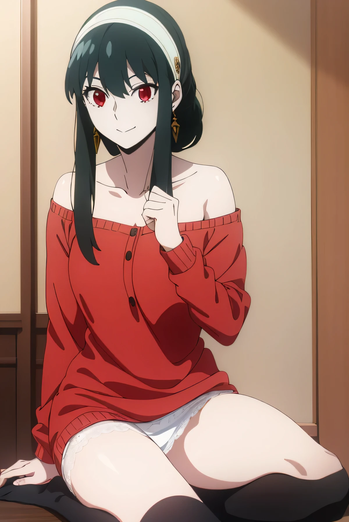 Yor briar, Your forger, Black Hair, (Red eyes:1.5), Earrings, gold hair band, hair band, Long Hair, Side Lock, (Medium chest:1.2), smile,
break bare shoulders, clavicle, dress, Long sleeve, Off the shoulder, off-shoulder dress, off-shoulder sweater, red sweater, sweater, sweater dress, Thighs,(((white lace panties))),kneeling,
break indoors,
break looking at viewer,
, break masterpiece ,8k unity wallpaper,anime key visual,highest quality, High resolution, unity 8k wallpaper, (shape:0.8),anime coloring,highly detailed face, detailed eyes,growing eyes,shiny skin,fine skin,white skin,dense skin,detailed hair,highly detailed legs,perfect lighting, Detailed CG, (perfect hands, perfect anatomy),High resolution,(Detailed wear ),slender limbs, delicate curves, dainty hands,figure:0.8,