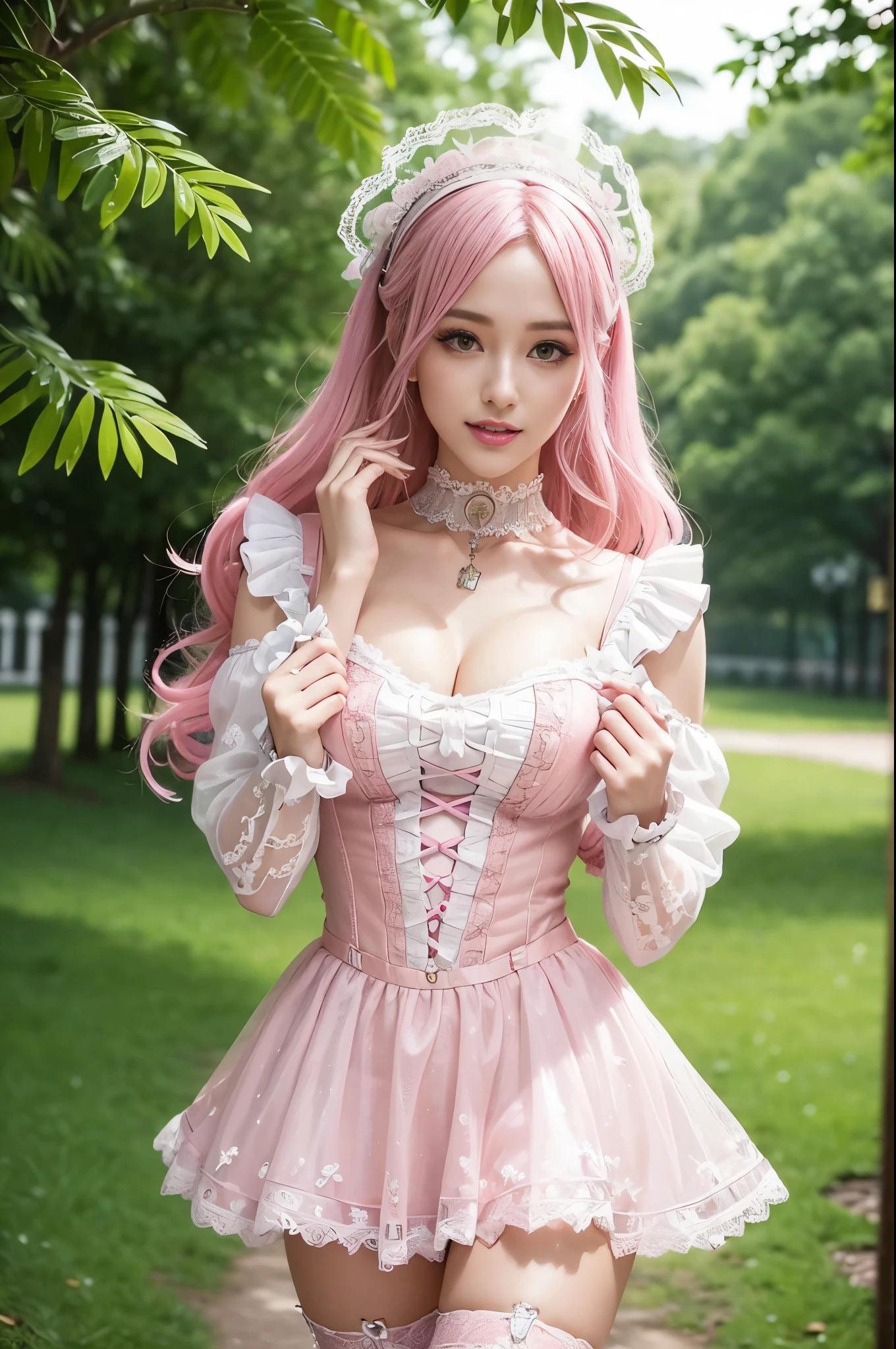 sexy stylish Swedish model, only 1 female, ((doll-like appearance)), long neon pink stylish hair, ((very detailed Victorian-Style boots)), (happy smile), very detailed eyes, professional makeup, lipgloss, long lashes, defined eyebrows, ((sexy Paradise Kiss cosplay)), bell-shaped skirt, petticoats, high neckline, puffed sleeves, ((very detailed lace)), ((very detailed embroidery)), intricate details, Paradise Kiss accessoires and matching headpiece, choker, ((large sparkling Paradise Kiss jewelry)), cinematic light, detailed large park background with trees