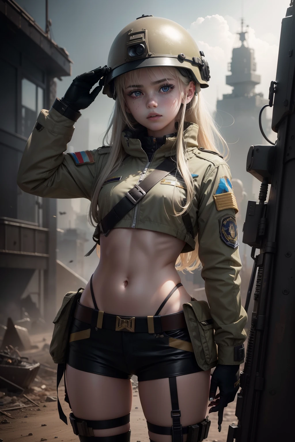 Ukrainian girl saluting a soldier , Ukrainian anime girls , , Ukraine , Full body composition of young girl with messy bright blonde hair, eye make up, , Soft lighting, Solo, Old torn dirty shabby futuristic military uniform, badges, Pose, Blotch color, Octane Render, Hyperrealistic intricate detail, Cinematic, 8K resolution, 70mm, Accent Lighting, pircing no umbigo ,Full body portrait, clean detailed faces, intricate clothing, Cute face, flat chest, Slim waist, Slim legs, small hips,Clothing of an ordinary soldier,Wearing a helmet,