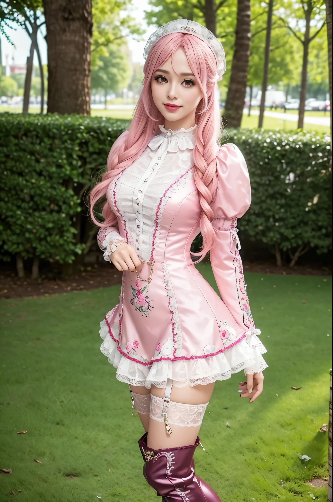 sexy stylish Swedish model, only 1 female, ((doll-like appearance)), long neon pink stylish hair, ((very detailed Victorian-Style boots)), (happy smile), very detailed eyes, professional makeup, lipgloss, long lashes, defined eyebrows, ((sexy Paradise Kiss cosplay)), bell-shaped skirt, petticoats, high neckline, puffed sleeves, ((very detailed lace)), ((very detailed embroidery)), intricate details, Paradise Kiss accessoires and matching headpiece, choker, ((large sparkling Paradise Kiss jewelry)), cinematic light, detailed large park background with trees