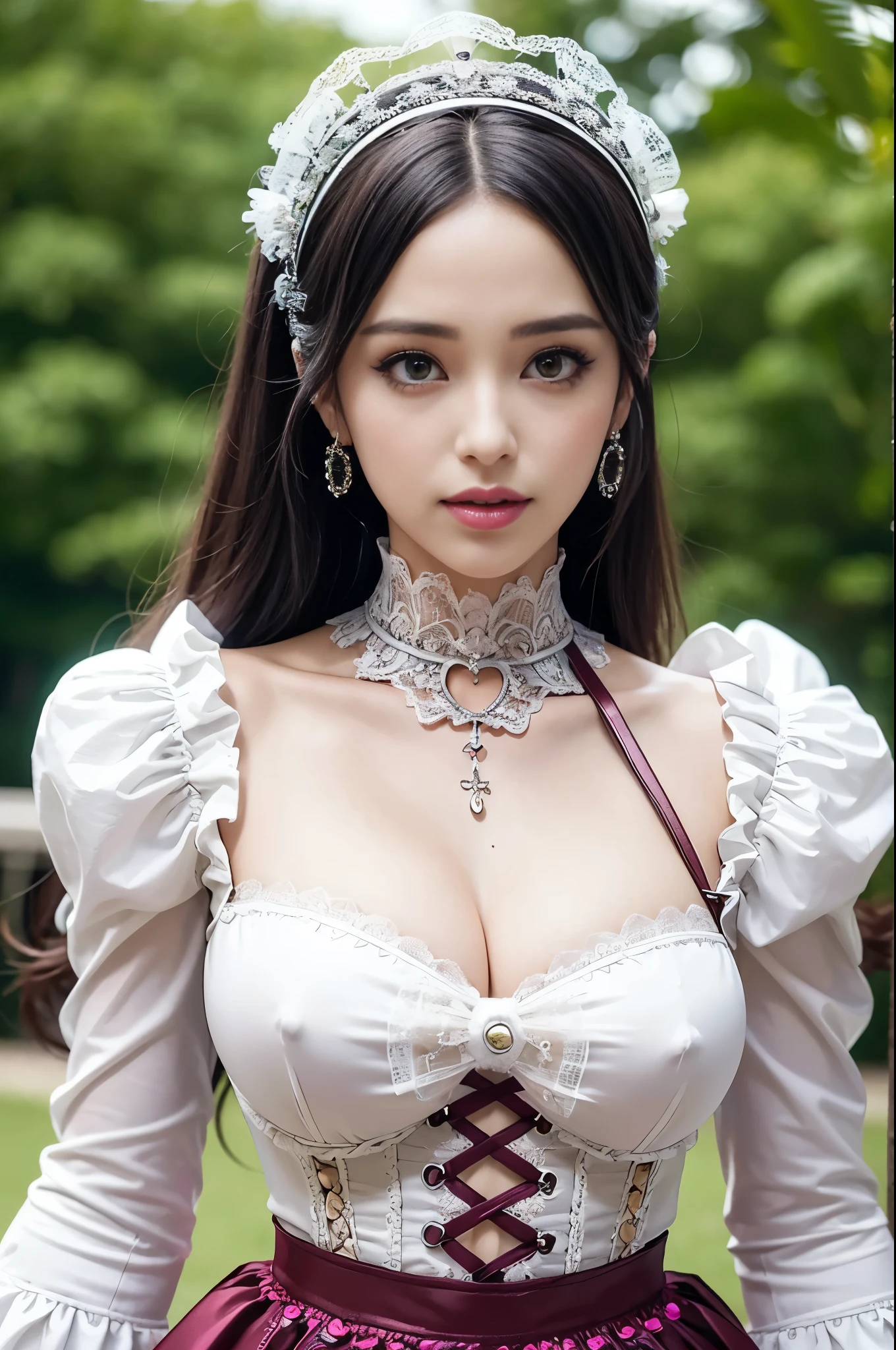 sexy stylish female model, only 1 female, ((doll-like appearance)), ((ultra detailed Victorian-Style boots)), beautiful smile, ultra detailed eyes, vivid eye makeup, lipgloss, long lashes, defined eyebrows, ((sexy Paradise Kiss cosplay)), bell-shaped skirt, petticoats, high neckline, puffed sleeves, (( ultra detailed lace)), ((ultra detailed embroidery)), intricate details, Paradise Kiss accessoires and matching headpiece, choker, ((large sparkling Paradise Kiss jewelry)), cinematic light, detailed large park background with trees