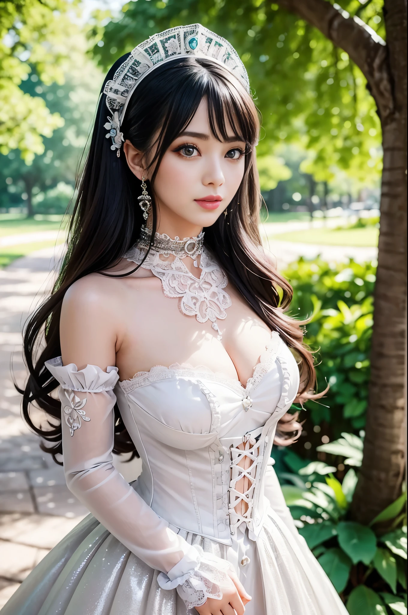 sexy stylish female model, only 1 female, ((doll-like appearance)), ((ultra detailed Victorian-Style boots)), beautiful smile, ultra detailed eyes, vivid eye makeup, lipgloss, long lashes, defined eyebrows, ((sexy Paradise Kiss cosplay)), bell-shaped skirt, petticoats, high neckline, puffed sleeves, (( ultra detailed lace)), ((ultra detailed embroidery)), intricate details, Paradise Kiss accessoires and matching headpiece, choker, ((large sparkling Paradise Kiss jewelry)), cinematic light, detailed large park background with trees
