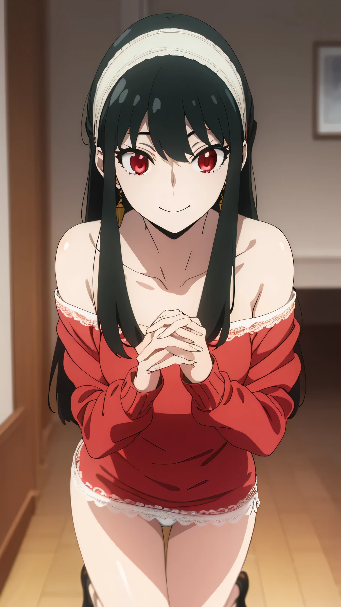 Yor briar, Your forger, Black Hair, (Red eyes:1.5), Earrings, gold hair band, hair band, Long Hair, Side Lock, (Medium chest:1.2), smile,
break bare shoulders, clavicle, dress, Long sleeve, Off the shoulder, off-shoulder dress, off-shoulder sweater, red sweater, sweater, sweater dress, Thighs,(((white lace panties))),all fours,crawling,
break indoors,
break looking at viewer,
, break masterpiece ,8k unity wallpaper,anime key visual,highest quality, High resolution, unity 8k wallpaper, (shape:0.8),anime coloring,highly detailed face, detailed eyes,growing eyes,shiny skin,fine skin,white skin,dense skin,detailed hair,highly detailed legs,perfect lighting, Detailed CG, (perfect hands, perfect anatomy),High resolution,(Detailed wear ),slender limbs, delicate curves, dainty hands,figure:0.8,