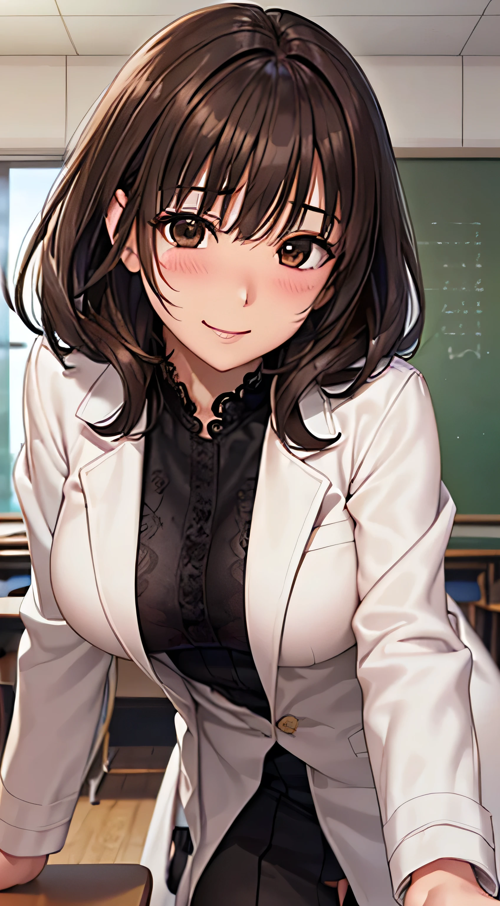 ((Tabletop, highest quality, High resolution, , Pixel Perfect, 4K,))), 1 female teacher, single, alone, beauty、The whole body is visible、 ((Mid-wave hair, bangs, Brown Hair)), ((Brown eyes, Beautiful eyelashes, Realistic eyes)), ((Detailed face, Blushing:1.2)), ((Smooth texture:0.75, Realistic texture:0.65, Realistic:1.1, Anime CG Style)), Center of chest, Dynamic Angle, Perfect body, (( , , Braless female doctor in a white coat、、, 、))、Black flared skirt、Very embarrassing panic smile, 、、classroom、Sit on a chair、、、(pink floral lace panties)、Angle from below)、