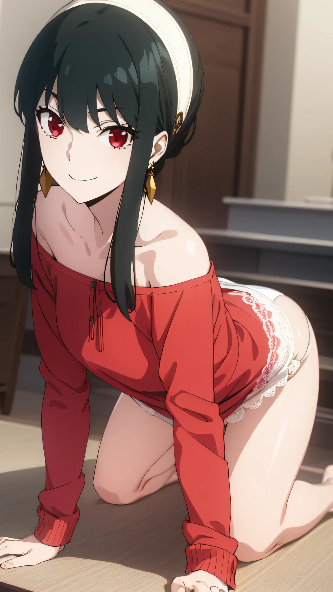 Yor briar, Your forger, Black Hair, (Red eyes:1.5), Earrings, gold hair band, hair band, Long Hair, Side Lock, (Medium chest:1.2), smile,
break bare shoulders, clavicle, dress, Long sleeve, Off the shoulder, off-shoulder dress, off-shoulder sweater, red sweater, sweater, sweater dress, Thighs,(((white lace panties))),all fours,crawling,
break indoors,
break looking at viewer,
, break masterpiece ,8k unity wallpaper,anime key visual,highest quality, High resolution, unity 8k wallpaper, (shape:0.8),anime coloring,highly detailed face, detailed eyes,growing eyes,shiny skin,fine skin,white skin,dense skin,detailed hair,highly detailed legs,perfect lighting, Detailed CG, (perfect hands, perfect anatomy),High resolution,(Detailed wear ),slender limbs, delicate curves, dainty hands,figure:0.8,