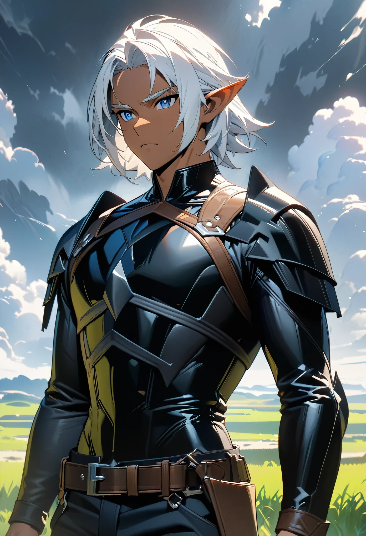 ultra-detailed, 2d, 4k, (best quality, masterpiece), (anime style:1.37), (dark elf male, 1 man), white hair, dark skinned, blue eyes, (sleek rogue armor, leather armor, chest-plate), belt, male focus, upper body, fantasy, (calm), grass plains, cloudy,