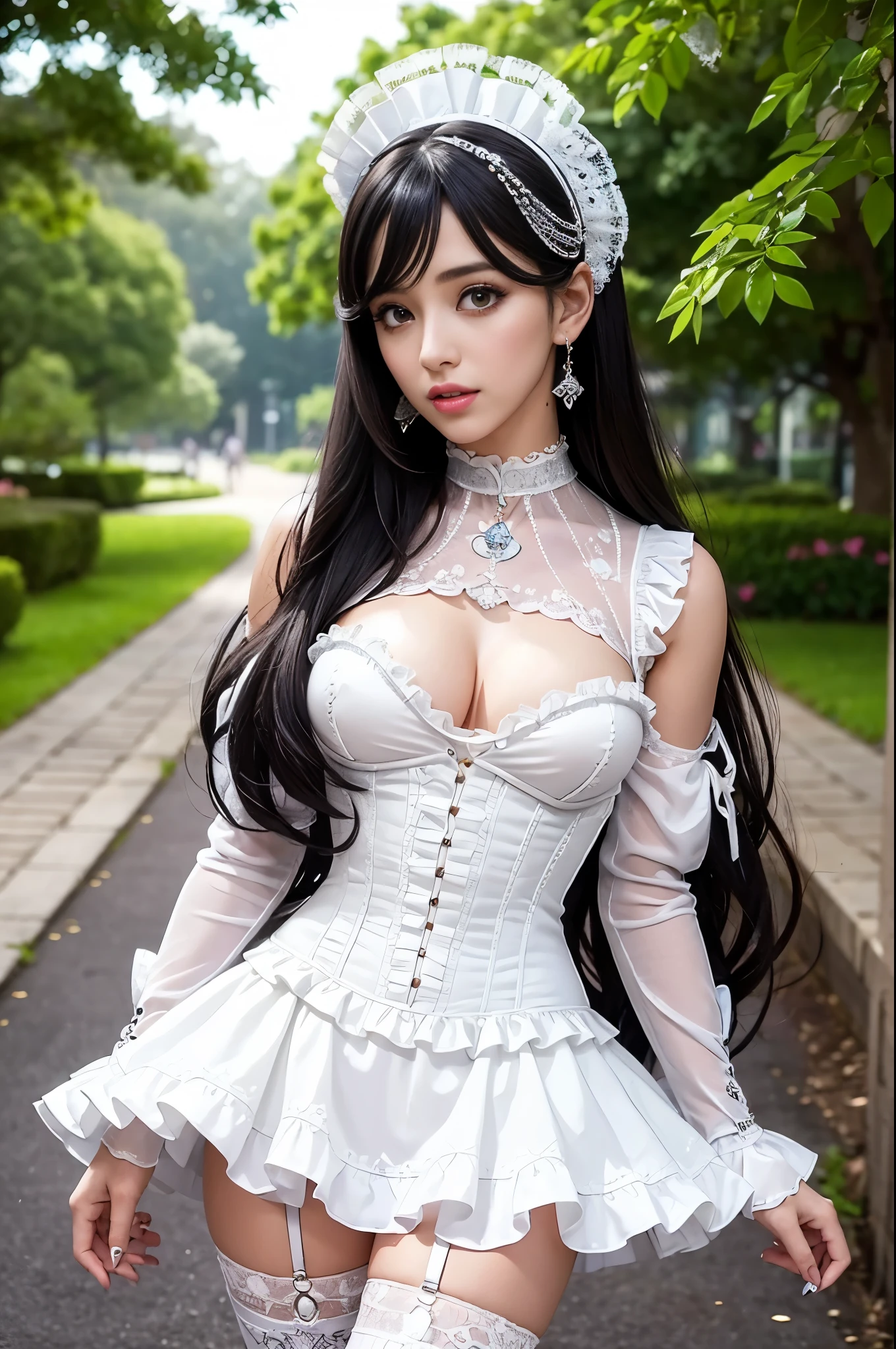 sexy stylish Spanish model, only 1 female, ((doll-like appearance)), ((ultra detailed Victorian-Style boots)), beautiful smile, ultra detailed eyes, vivid eye makeup, lipgloss, long lashes, defined eyebrows, ((sexy Paradise Kiss cosplay)), bell-shaped skirt, petticoats, high neckline, puffed sleeves, (( ultra detailed lace)), ((ultra detailed embroidery)), intricate details, Paradise Kiss accessoires and matching headpiece, choker, ((large sparkling Paradise Kiss jewelry)), cinematic light, detailed large park background with trees