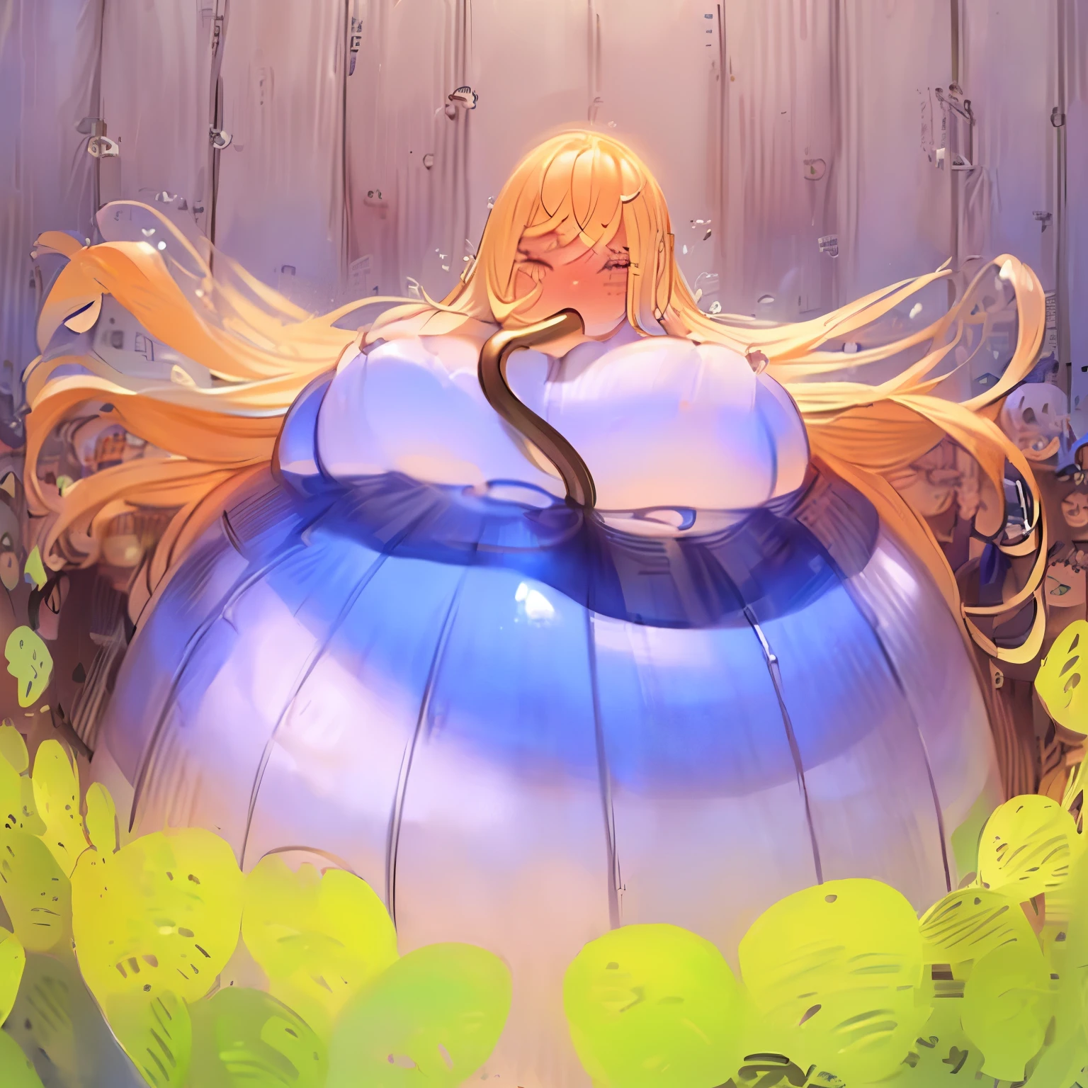 (Female swimmer, long blonde hair let down, water hose in her mouth, inflating, spherical inflation, 20 feet diameter, tight and stretched swimsuit, tearing in some places, stretch marks on her skin), (best quality, ultra-detailed, realistic:1.37), vivid colors, portraits, underwater lighting, fine art medium