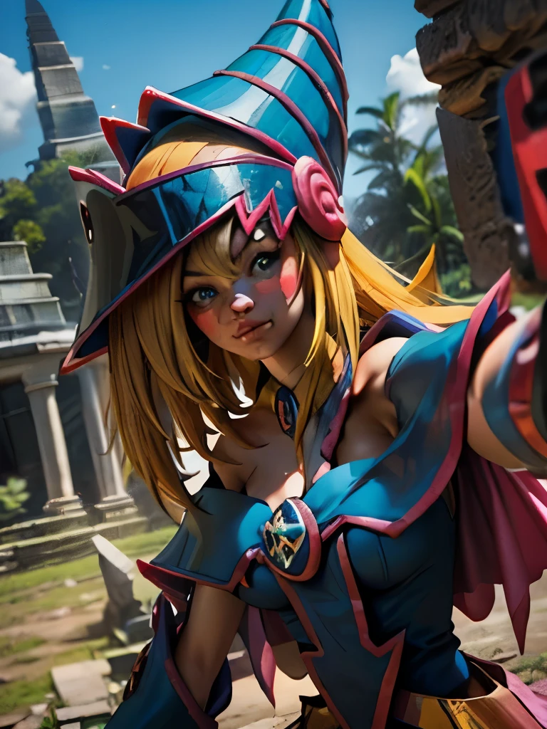 Dark magician taking a selfie in some Mayan ruins. Ella tiene cabello rubio. ojos azules. Labios rojos. Se toma una selfies en unas ruinas mayas. Selva y jaguares a si alrededor