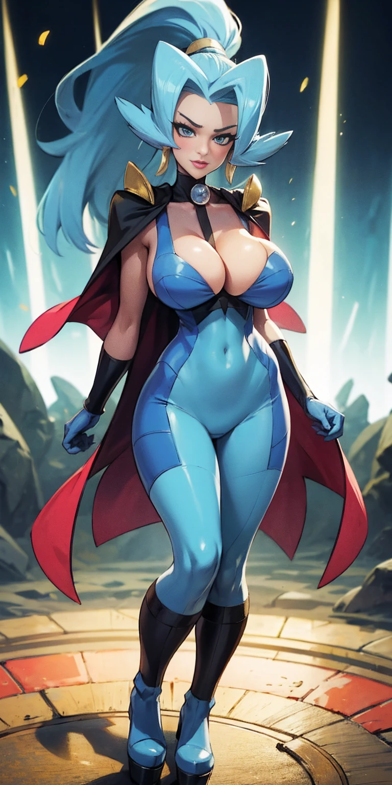 blush, smileglowing aura, natural light, masterpiece, glossy skin, juicy lips , sexy, hot, cleavage, evil,juicy lips, bimbo, ((Clair)), pokemon, hour glass, blue hair, wide eyes, blue eyes, massive , ponytail, dark lighting, long hair, pink bow, platform shoes, bow in hair, light blue hair, juicy lips, blue tights, blackcape, (((disgusted)))