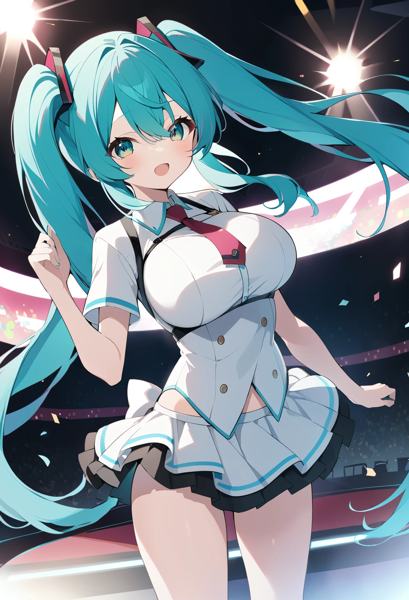 hatsune miku, aqua hair, twin talls, large breasts,, Live Stage, uniform, solo