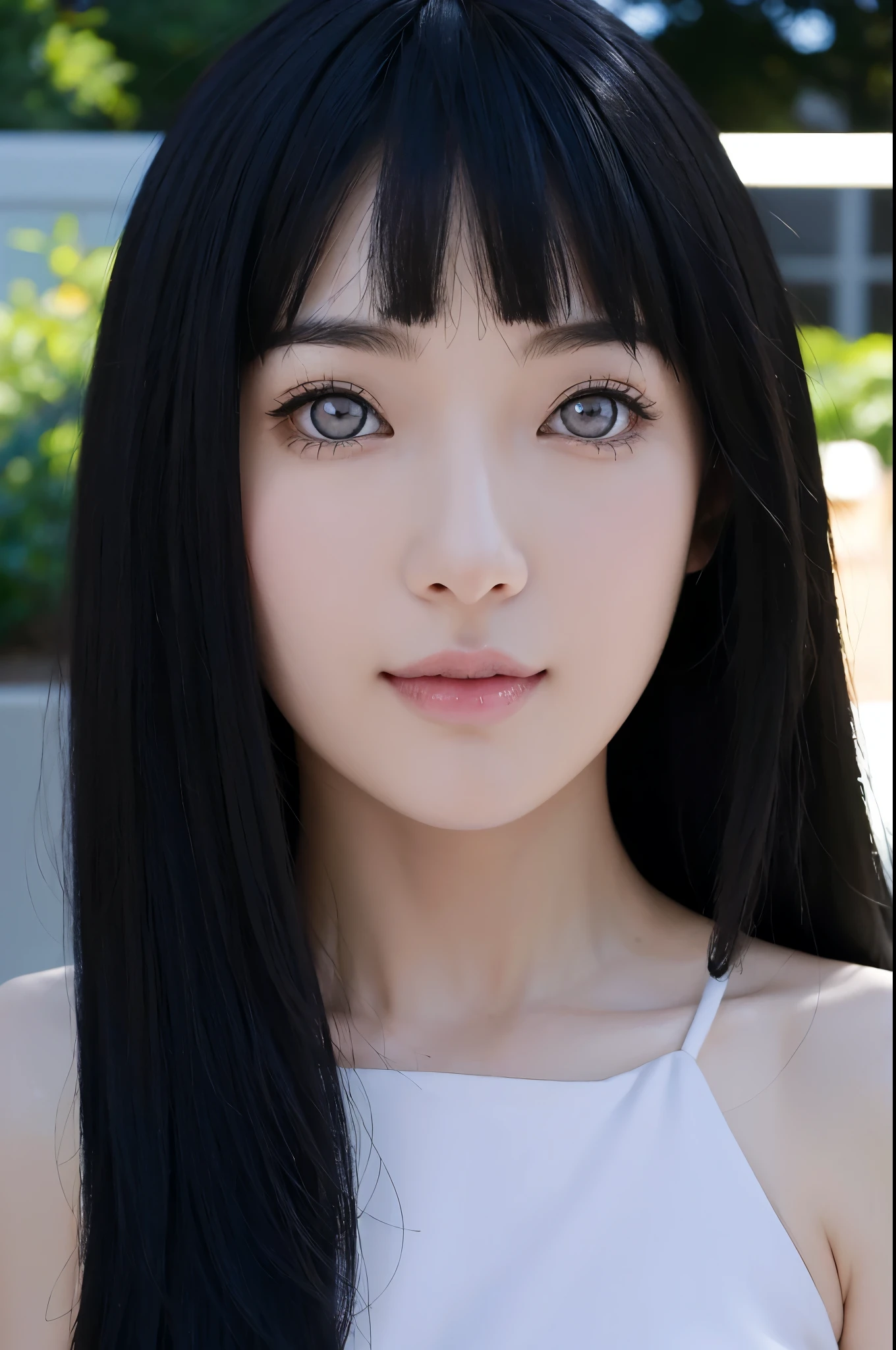 create a picture of a masterpiece, realistic feel, with super perfect character, detailed quality with very clear object characteristics, long straight hair, jet black hair, with short bangs, symmetrical face, smooth white skin, very perfect detailed body, beautiful face , cute girl, sweet smiling expression. half body pose. style facing in front of the camera. chubby body. large breasts. wearing a , face glowing, blinking eyes. style piss mex up thin, thin, beby fast,Hinata Hyuga .in anime Realistic .from realism 