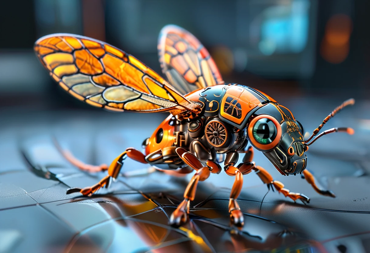 Futuristic macro photography of a detailed robotic insect, showcasing intricate mechanical components, with illuminated orange accents, full body framing, against a high-tech schematic background, under soft studio lighting, shot from a top-down angle, on a Canon EOS 5D Mark IV with a 100mm macro lens, in the style of Syd Mead.
