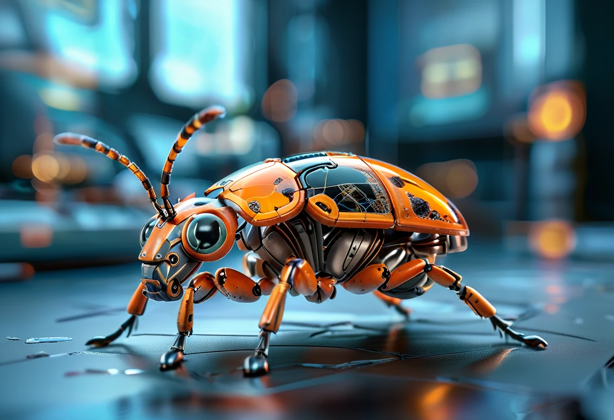 Futuristic macro photography of a detailed robotic insect, showcasing intricate mechanical components, with illuminated orange accents, full body framing, against a high-tech schematic background, under soft studio lighting, shot from a top-down angle, on a Canon EOS 5D Mark IV with a 100mm macro lens, in the style of Syd Mead.