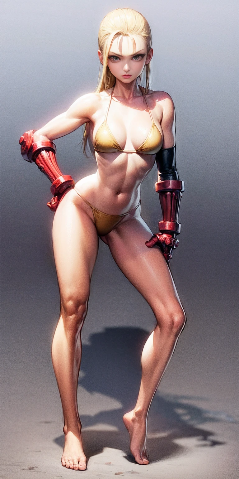((plain background)) Cammy White Street Fighter 7th full body 1sologirl barefoot feet together, hands on hips red gloves gauntlets, 1piece yellow bikini slingshot