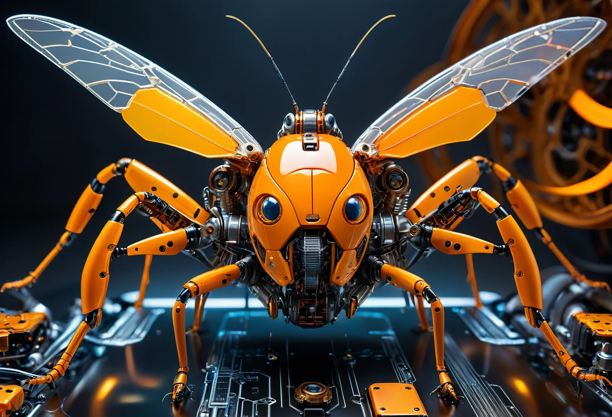 Futuristic macro photography of a detailed robotic insect, showcasing intricate mechanical components, with illuminated orange accents, full body framing, against a high-tech schematic background, under soft studio lighting, shot from a top-down angle, on a Canon EOS 5D Mark IV with a 100mm macro lens, in the style of Syd Mead.