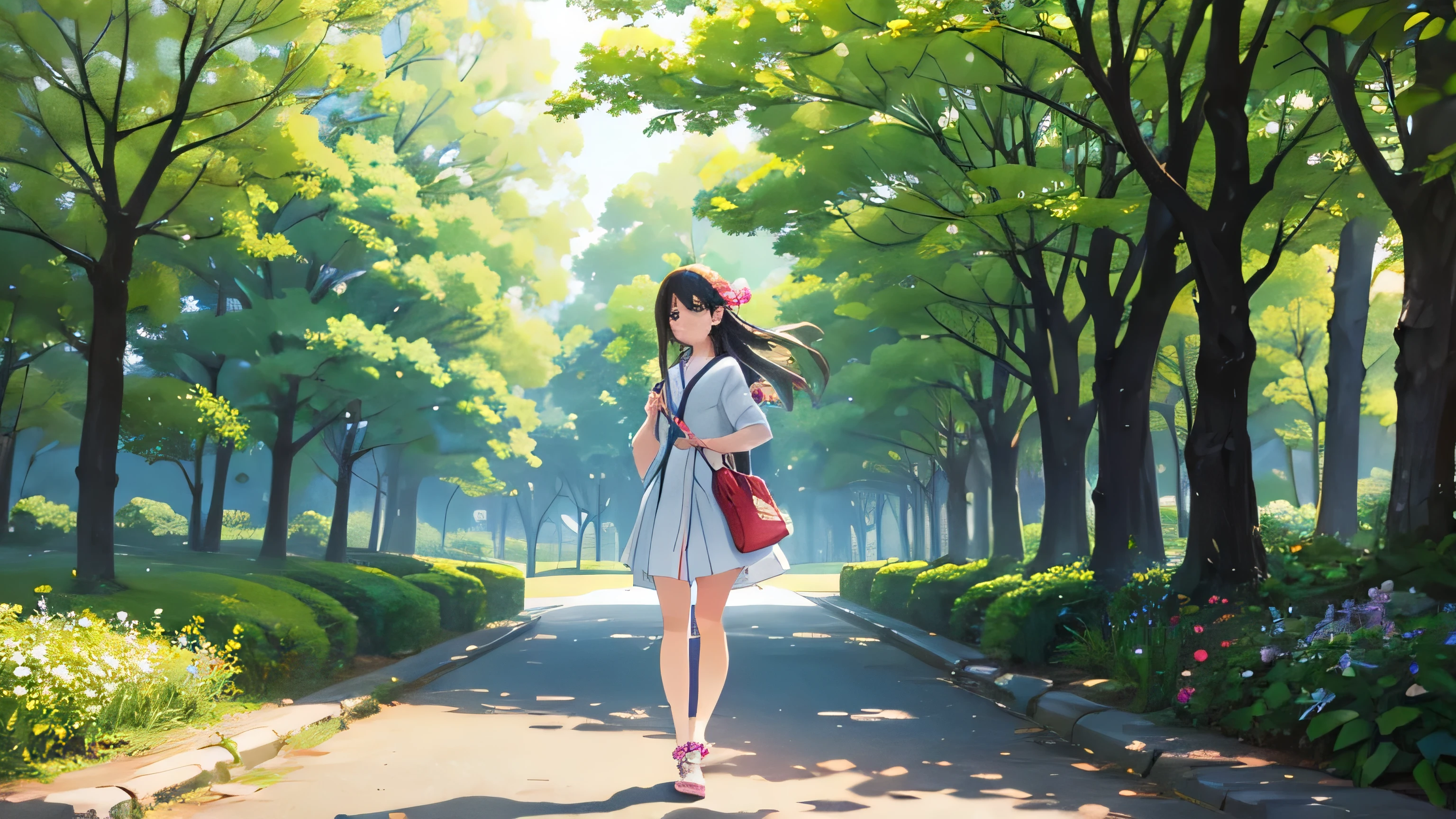 Early summer morning、Beautiful girl walking in the park、Japanese anime style