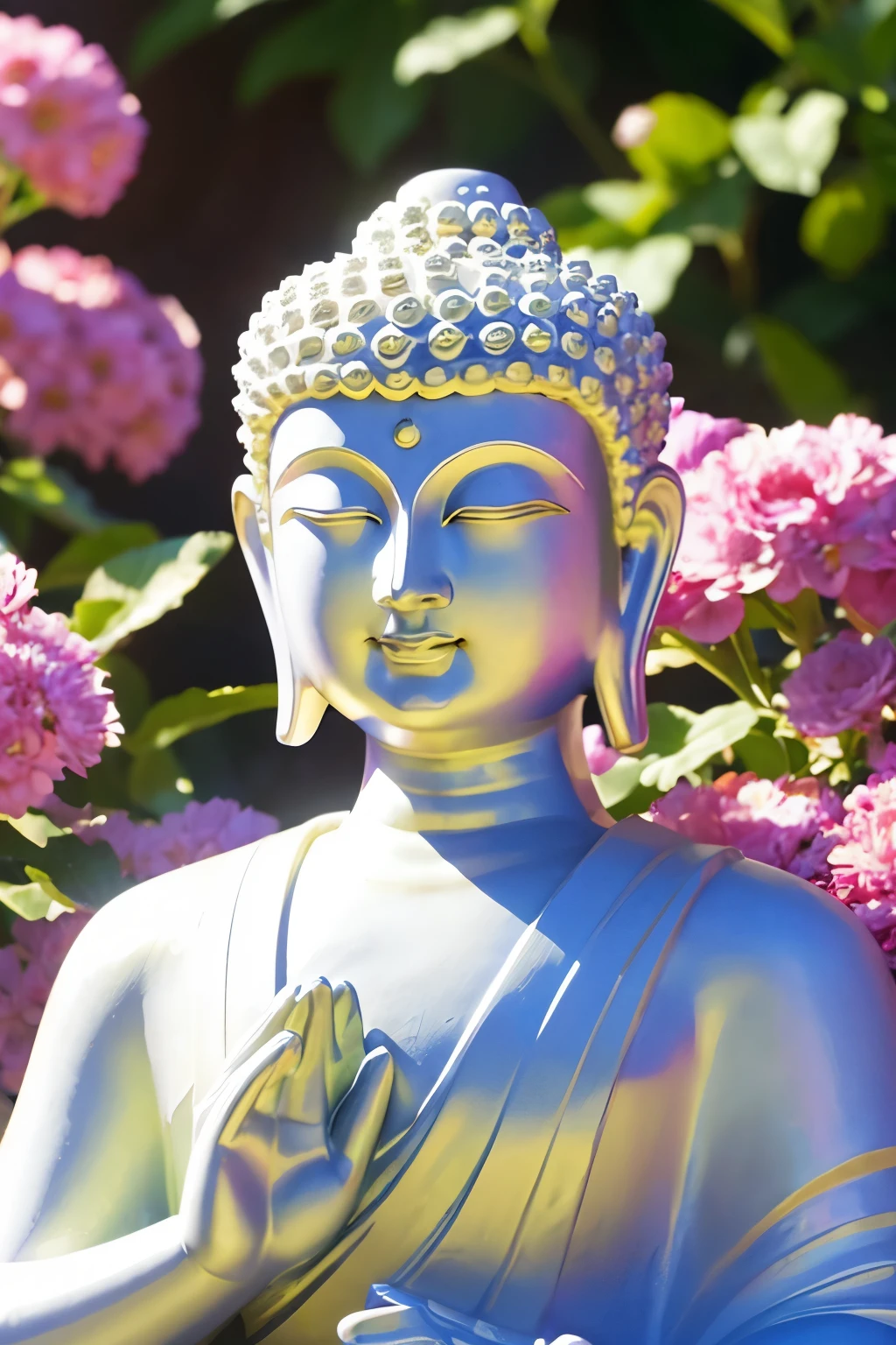 bright background buddha statue Buddha solo front looking here halo is shining upper body only close up of face join hands like a photo The background is full of flowers fantastic background