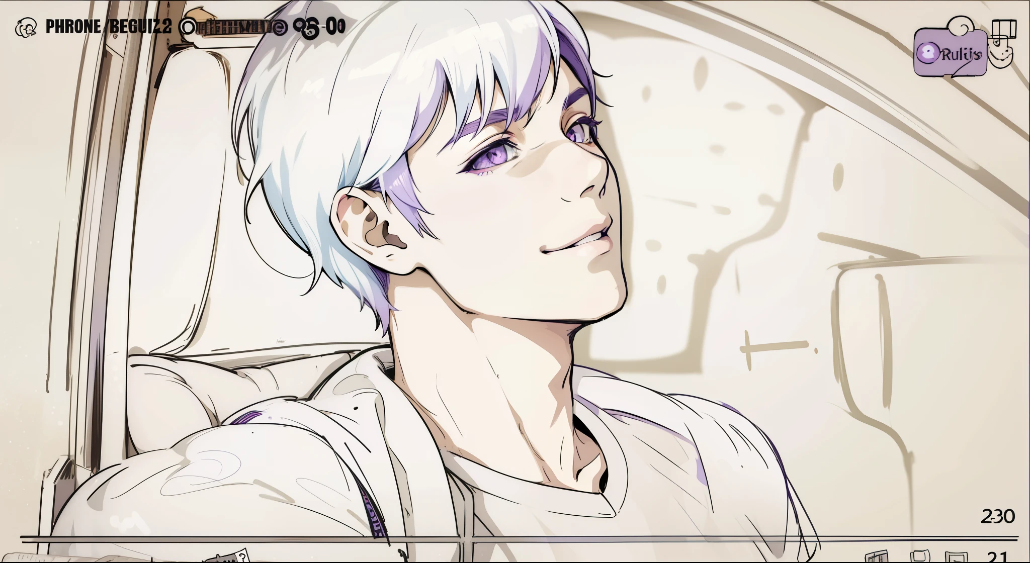 (estilo anime 2d plano)cute boy smile mischievous ironic bad hateful purple eyes purple hair is offensive sad