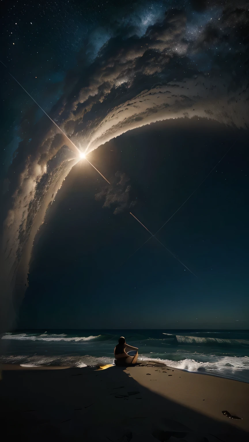 Imagem de uma pessoa tranquila, talvez com um fundo estelar, aceitando calmamente a grandiosidade do universo.