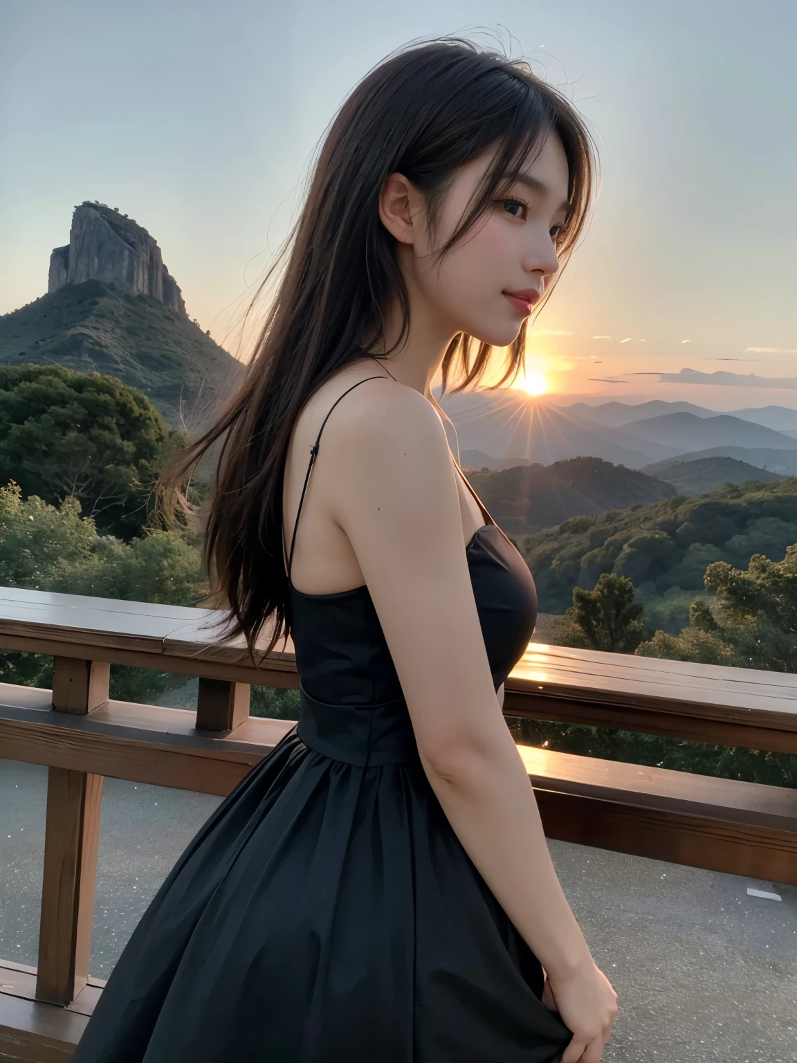 highest quality,masterpiece,Ultra-high resolution,(reality:1.4),Original photo,Cinema Lighting,
One Girl,,Backlight,Mountain,profile,立体的なprofile,good looking,cute,Black Dress、smile