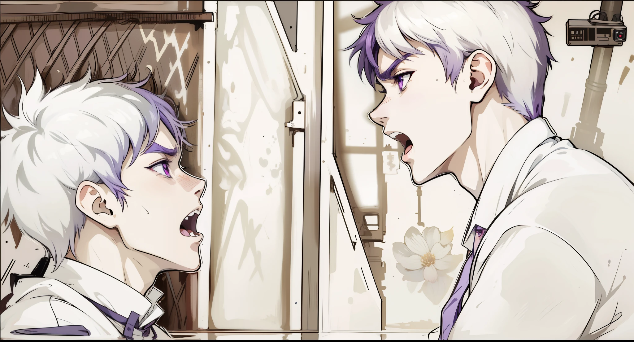 (estilo anime 2d plano)cute 16 year old boy they are upset angry they are screaming purple hair purple eyes