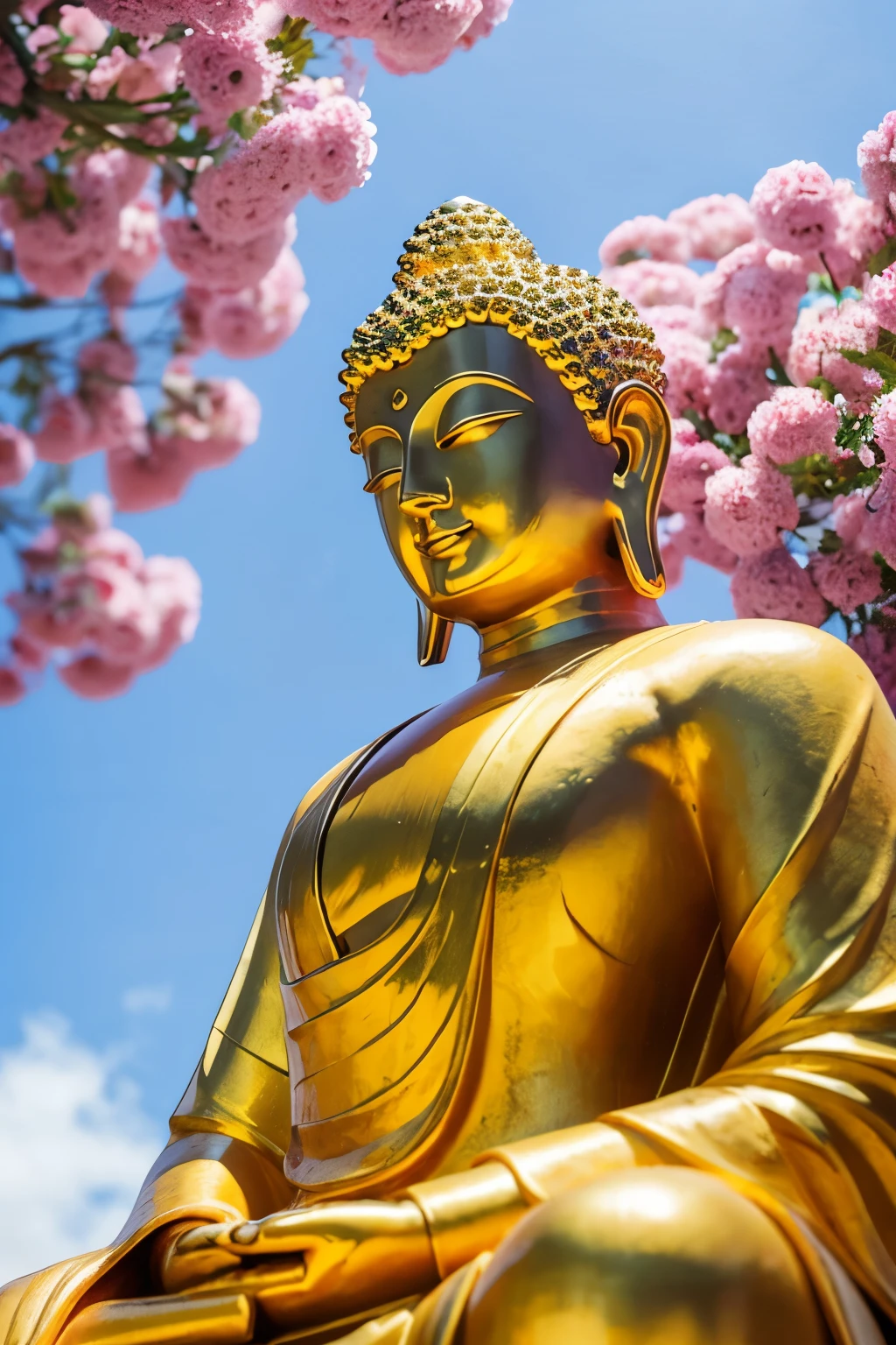 bright background buddha statue Buddha solo front looking here halo is shining upper body only close up of face join hands like a photo The background is full of flowers fantastic background