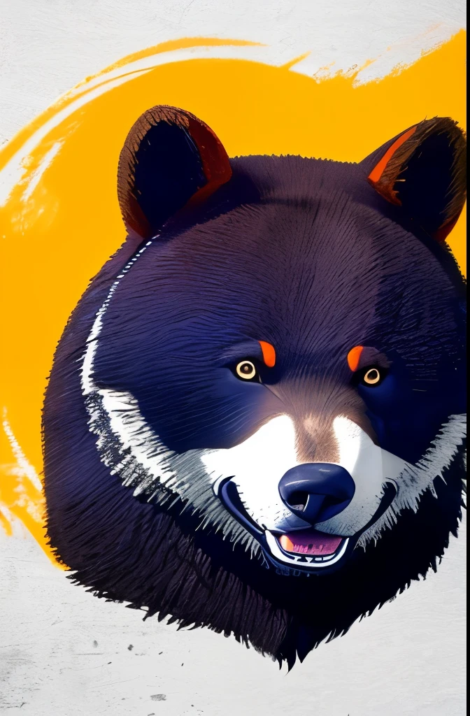 Uma fantasia de mascote de um urso azul, he wears a yellow shirt and an orange suspender jumpsuit,he has a big smile on his face and his mouth and eyes are dark and black and white pupils, your weapon is a cleaver, mascot horror