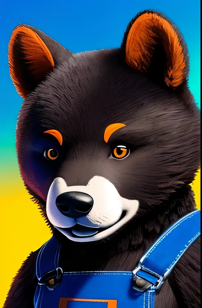 Uma fantasia de mascote de um urso azul, he wears a yellow shirt and an orange suspender jumpsuit,he has a big smile on his face and his mouth and eyes are dark and black and white pupils, your weapon is a cleaver, mascot horror