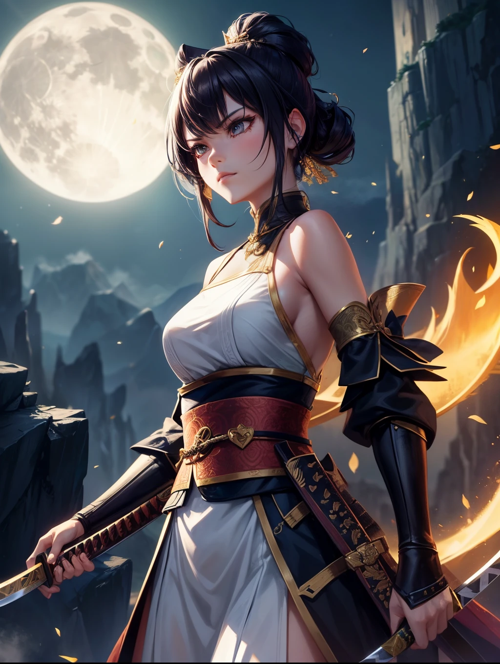 A fierce warrior with a heart of gold, she stands atop a towering cliff, her katana glinting in the moonlight. 